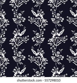 Abstract flowers seamless pattern, floral monochrome vector background. Fantasy white flowers on a dark blue backdrop. For the design of the fabric, wallpaper, wrapper, prints, decoration