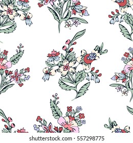 Abstract flowers seamless pattern, floral background. Fantasy multicolored flowers on a white backdrop. For the design of the fabric, wallpaper, wrapper, prints. Vintage vector illustration
