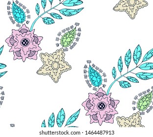 abstract flowers seamless pattern. Hand drawn ink illustration. Wallpaper or fabric design. Vector pattern.