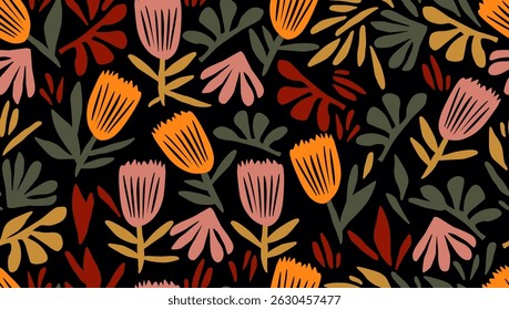 Abstract Flowers Seamless Pattern. Hand Drawn Floral Pattern Vintage Folk Style. Flowers Silhouette Summer Seamless Pattern Modern Trendy Vector Background. Not AI