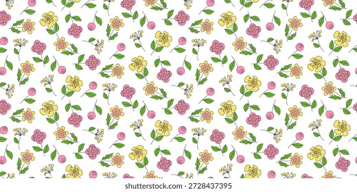 Flores Abstractas. Patrón sin fisuras. Garabatos multicolores sobre un fondo blanco.