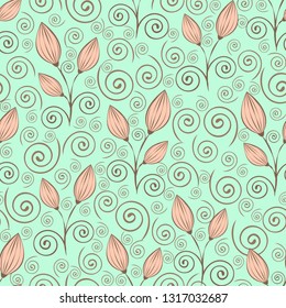 Abstract flowers seamless pattern, outline drawing, minimalistic illustration, vector background. Pink closed flower buds, stalks and spiral curls lace brown on green blue backdrop. For fabric design