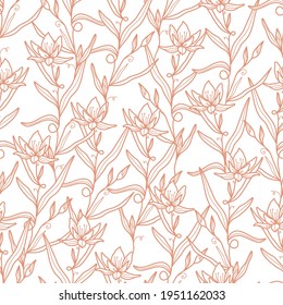 Abstract Flowers Seamless Pattern. Retro Floral Illustration with Classy Typography. Feminine. Modern Template for florist, photographer, fashion blogger, design studio.