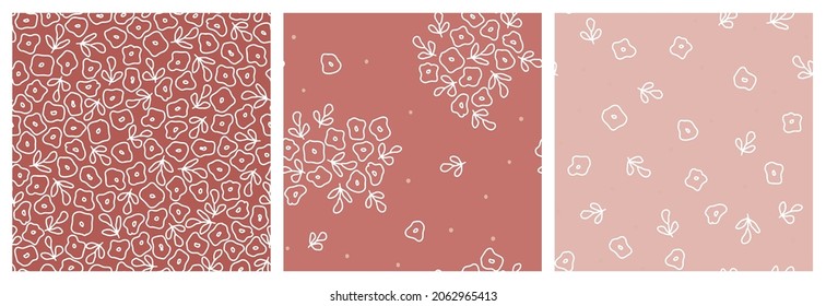 Abstract flowers seamless pattern set in terracotta and peach pink soft feminine colours for clothing, textile, fabric print. Neutral floral non directional vector repeat decign.