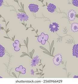 Abstract flowers seamless pattern. Simple botanical ornament. Vector floral design.