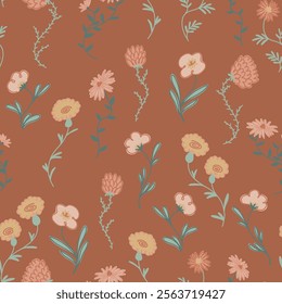 Abstract flowers seamless pattern. Simple botanical ornament. Vector floral design.