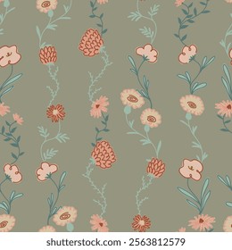 Abstract flowers seamless pattern. Simple botanical ornament. Vector floral design.
