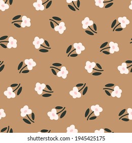 Abstract flowers seamless pattern with small floral elements composition in earthy colors. Hand drawn vector illustration.