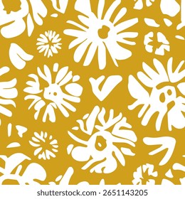 Abstrato flores padrão sem costura de folhas brancas alegres estilizadas em um fundo amarelo. Floral playful planta formas papel de parede ilustração. Apresentando textura vetorial de folhas infinitas.