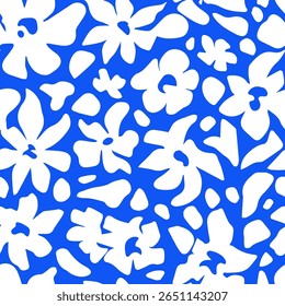 Abstrato flores padrão sem costura de folhas brancas alegres estilizadas em um fundo azul. Floral playful planta formas papel de parede ilustração. Apresentando textura vetorial de folhas infinitas.