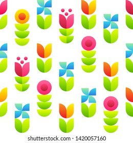 Abstract flowers seamless pattern - tulips, bellflowers and leaves. Floral background.