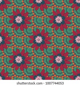 Abstract flowers seamless pattern. Vector tender background in red, green and blue colors.