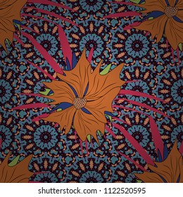 Abstract flowers seamless pattern. Vector tender background in blue, brown and magenta colors.