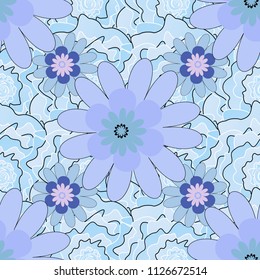 Abstract flowers seamless pattern. Vector tender background in gray, black and blue colors.