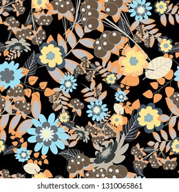 Abstract flowers seamless pattern. Vector tender background in orange, black and gray colors.