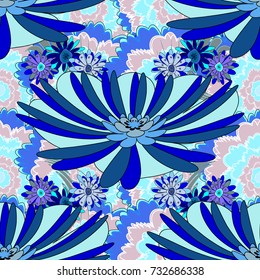 Abstract flowers seamless pattern. Vector tender background in violet, black and blue colors.