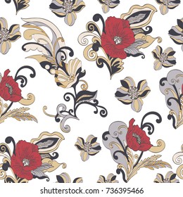 Abstract flowers seamless pattern, vector floral background, cartoon hand-drawn, exquisite elegant ornament. Colorful bud, petals, stem, leaves and curls on a white background. For fabric design