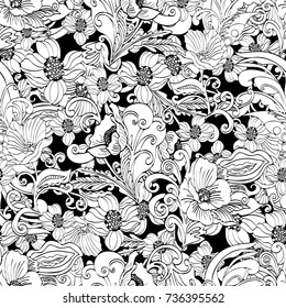 Abstract flowers seamless pattern, vector floral outline contour background, cartoon hand-drawn, elegant monochrome ornament, coloring. White bud, petals, stem, leaves and curls on a black background