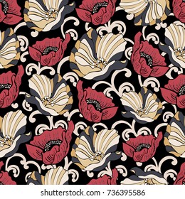 Abstract flowers seamless pattern, vector floral background, cartoon hand-drawn, exquisite elegant ornament. Colorful bud, petals on a black background with curls. For fabric design, wallpaper