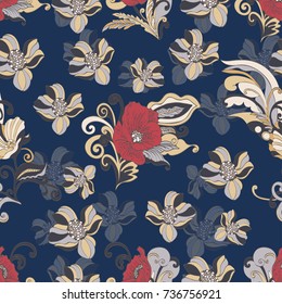 Abstract flowers seamless pattern, vector floral background, cartoon hand-drawn, exquisite elegant ornament. Colorful bud, petals, stem, leaves and curls on a blue background. For fabric design