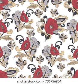 Abstract flowers seamless pattern, vector floral background, cartoon hand-drawn, exquisite elegant ornament. Colorful bud, petals, stem, leaves and curls on a white background. For fabric design