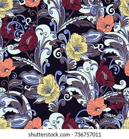 Abstract flowers seamless pattern, vector floral background, cartoon hand-drawn, exquisite elegant ornament. Multicolored bud, petals, stem, leaves and curls on a blue purple background