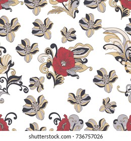 Abstract flowers seamless pattern, vector floral background, cartoon hand-drawn, exquisite elegant ornament. Colorful bud, petals, stem, leaves and curls on a white background. For fabric design