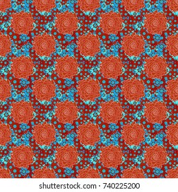 Abstract flowers seamless pattern. Vector tender background in orange, blue and red colors.