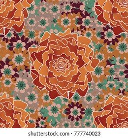 Abstract flowers seamless pattern. Vector tender background in beige, orange and brown colors.