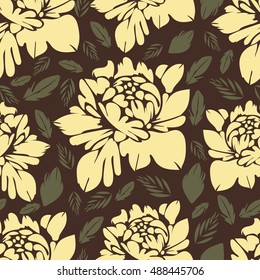 Abstract flowers seamless pattern. Vintage floral background. Yellow buds and leaves on a brown background. For the fabric design, wallpaper, wrap