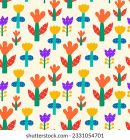 Abstract flowers. Flowers seamless pattern. Wallpaper, print template. Hand drawn trendy vector illustration.