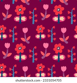 Abstract flowers. Flowers seamless pattern. Wallpaper, print template. Hand drawn trendy vector illustration.
