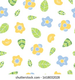 abstract flowers seamless pattern. yellow, blue, light green colors. Vector stock illustration hand-drawn on a white isolated background. Stylized flowers and leaves. background.summer or spring 