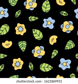 abstract flowers seamless pattern. yellow blue light green colors. Vector stock illustration hand-drawn on a black background. Stylized flowers and leaves. Background Summer or spring. without contour