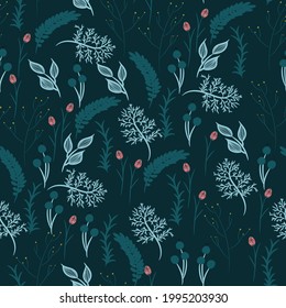 Abstract flowers seamless patterns. Design for paper, cover, fabric, interior decor and other users. Cute pattern in small flower and herbs on dark vintage background. 