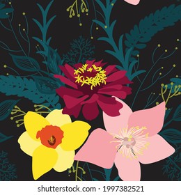Flores abstractas con patrones sin costura. Diseño para papel, cubierta, tela, decoración interior y otros usuarios. Fondo negro vintage.