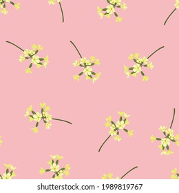 Flores abstractas con patrones impecables sobre fondo rosa. Diseño para papel, cubierta, tela, decoración interior y otros usuarios. Patrón lindo en flores pequeñas y hierbas. 