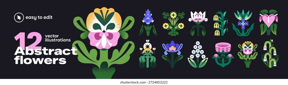 Abstract flowers set. Different wildflowers with symmetrical and irregular styles. Blooming plants with geometric and crooked shapes of leaves. Modern floral decor. Flat isolated vector illustrations