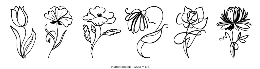 Flores abstractas. Un conjunto de iconos vectoriales minimalistas para el diseño del logo florista. Arte lineal botánico para postales, tee print, wallart, carteles, portadas, web, diseño de empaquetado, historias en redes sociales.