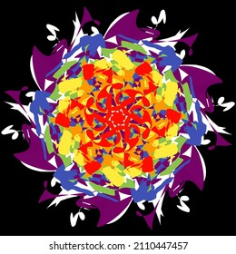 the abstract flowers with seven different colors on black background