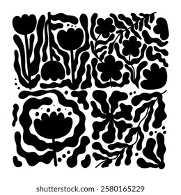 Abstract flowers silhouettes set. Doodle shapes in trendy naive hippie style. Groovy black shadows. Retro card, print, banner, poster, template. Hand drawn illustration isolated on white background.