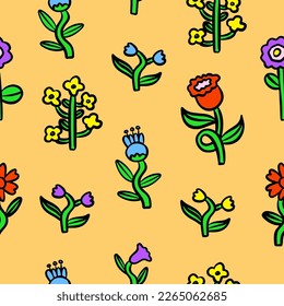 Abstrakte Blumen. Einfache Abstrakte handgezeichnet verschiedene Formen und doodle botanische Natur Blumen und Blätter Objekte. Handgezeichnete, farbige Vektorgrafik nahtlose Muster. Farbige, trendige Illustration.