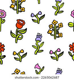 Abstract flowers. Simple Abstract hand drawn various shapes and doodle Botanical Nature flowers and Leaves objects. Hand drawn colored Vector Seamless Patterns. Colorful trendy illustration.