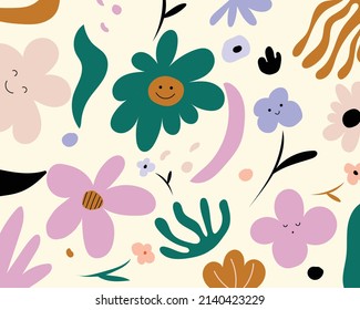 Abstract flowers with smiling faces. Unique shapes. Doodle cartoon style. Garden flower, plants ,botanical ,seamless pattern vector design for fashion, fabric, wallpaper and all prints