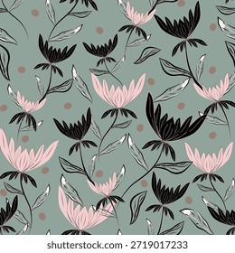Abstrato flores design de fundo verde suave. Padrão com floral sem emenda. texturizado arte abstrata vetor desenho de linha de flor.
