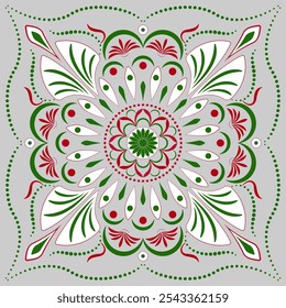 Abstract flowers square ornament. Red, green, white floral elements on gray background. Floral ornate mandala vector illustration. Fantasy ethnic round design element for decor textile, home, etc.