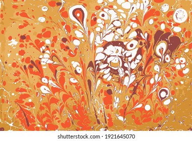 Abstract flowers. Stain pattern art. Traditional Turkish Ebru or Suminagashi technique. Gold, orange and white painting on water. Hand drawn vector illustration