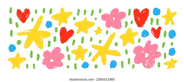 Abstract flowers, stars and hearts in childish colorful style. Hand drawn decorative botanical elements. Various colored icons such as hearts, stars, chamomile and dots drawn by brush.