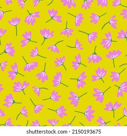 Abstract flowers with stems seamless repeat pattern. Random placed, vector botanical elements all over surface print on yellow background.