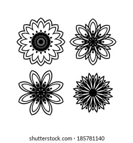 Abstract flowers, stencil floral element, hand drawn design element, set of 4, isolated on white, vector